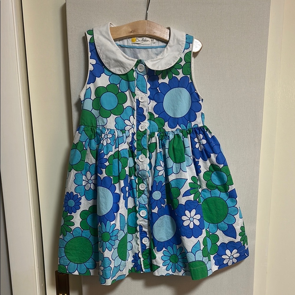 Mini Boden Blue and Green Sundress with Peter Pan Collar and Sleeveless Design
